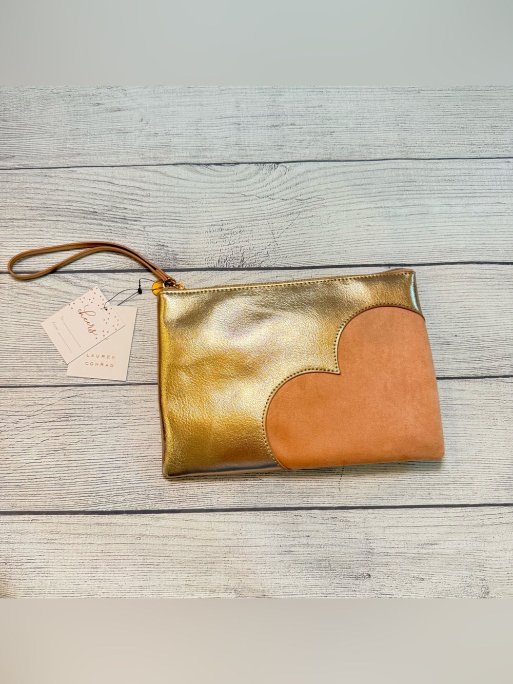 LC Lauren Conrad Metallic Gold Wristlet with Tan Heart Accent